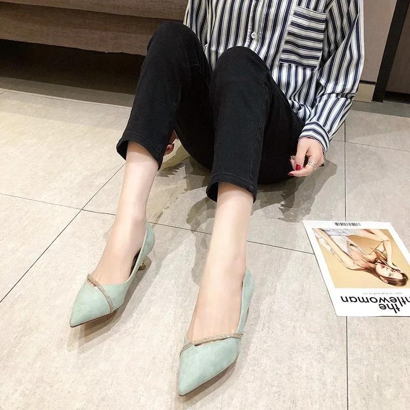Fashion Normal Leather Casual with Crystals Ladies Footwear Green Thin Heels Women's Shoes Rhinestone Pointed Toe Low Heel Elegant