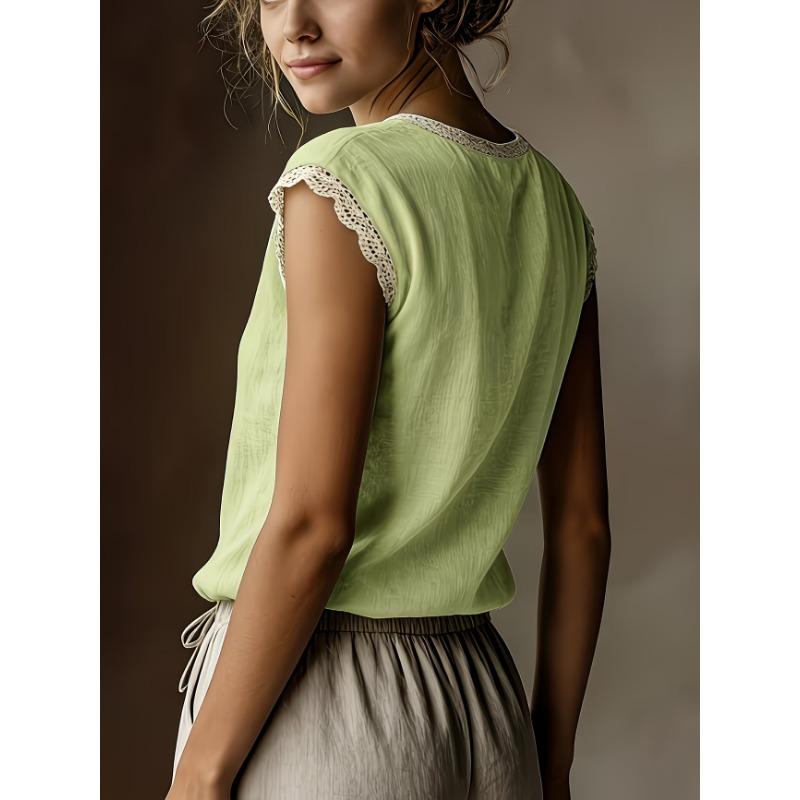 Womens Retro Loose Round Neck Solid Color Lace Splicing Sleeveless Linen Shirt