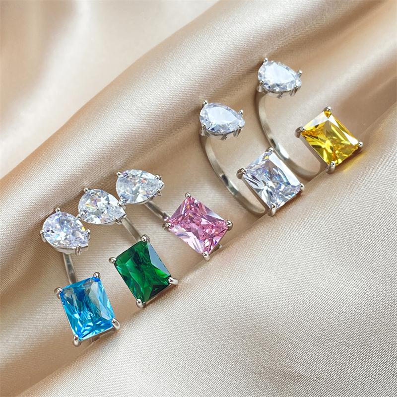 ZAKOL Luxury Square Water Drop AAA Cubic Zirconia Open Rings for Women Clear Pink Green CZ Engagement Wedding Party Zircon