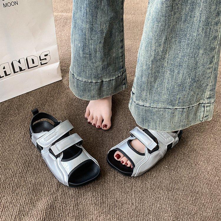 

Niche crooked square head sandals new silver heightening versatile flat heel platform beach sandals women 40