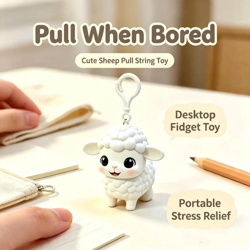 Cute White Lamb Pull String Keychain Movable Ears Lightweight Plush Bag Hanger Decor Fun Birthday Gifts for Boys Girls Kids