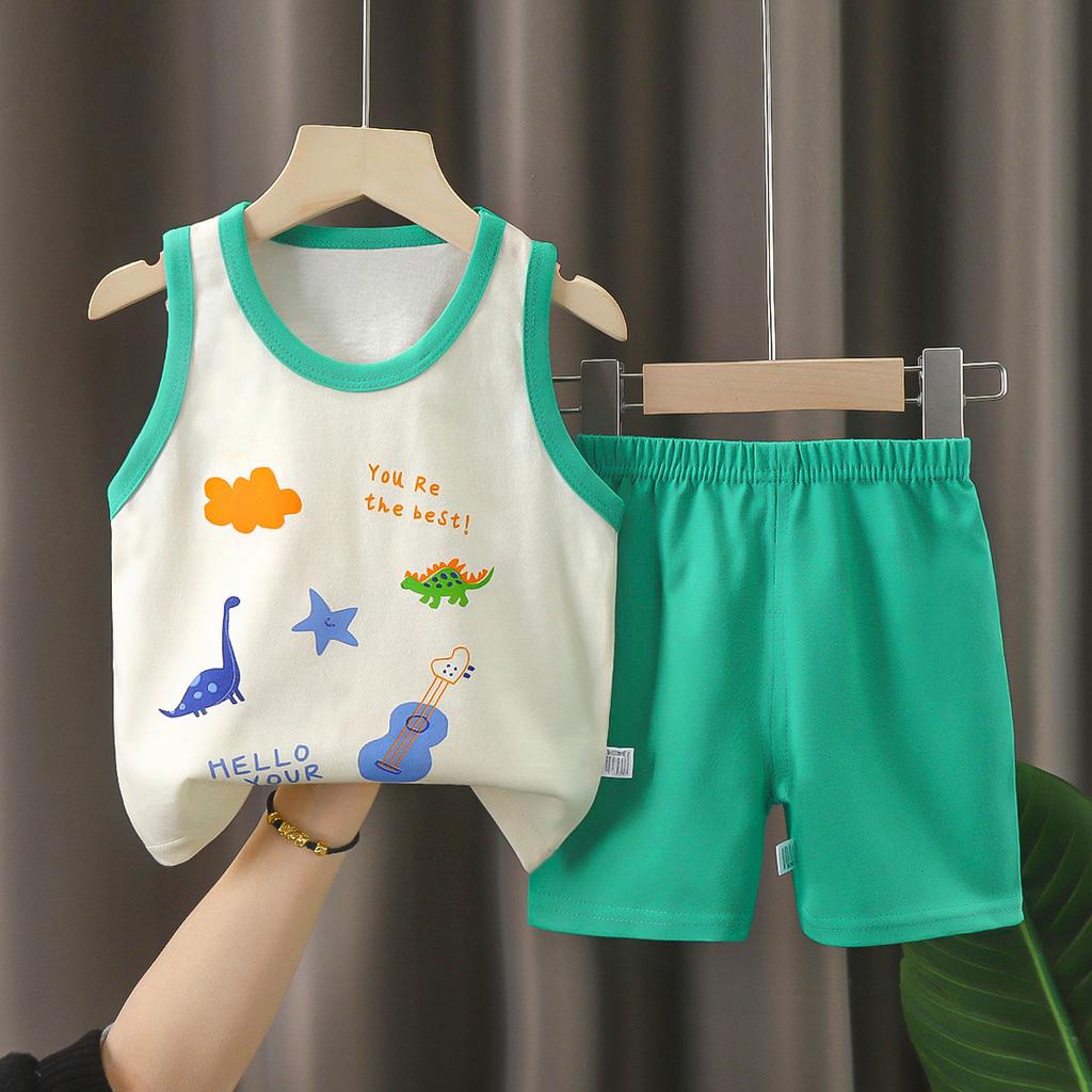 Summer Kids Non Sleeve O Neck Vest Pants Set Casual Baggy 2pcs Suit Cotton Cartoon Printes Outfit