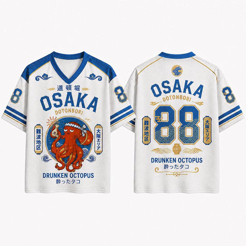 Herren Damen T-Shirts Japanisch Osaka Dotonbori Betrunkener Oktopus Trikot Netz Kurzarm V-Ausschnitt Locker T-Shirts Streetwear Unisex Paar XL blue
