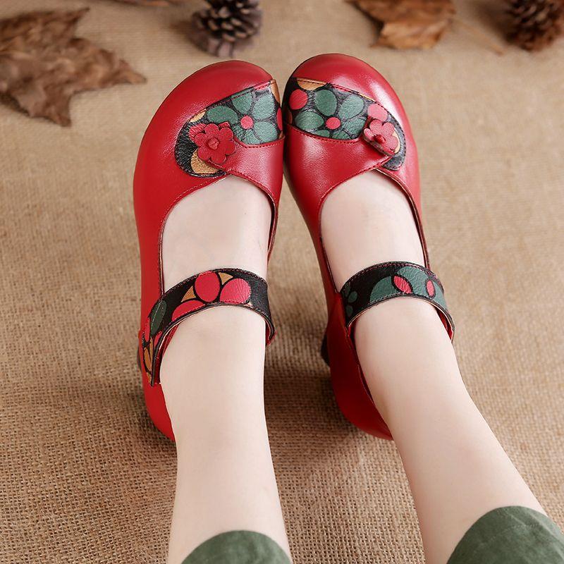Sapatos femininos vintage de couro legítimo, elegantes, rasos, grossos, com sapatos femininos, plataforma, sapatos femininos vermelhos