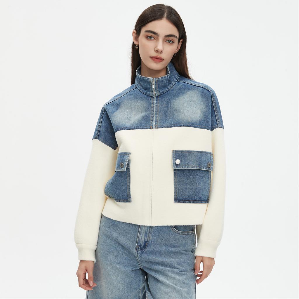 DIMANAF 2025 Autumn New Women Short Jacket Zipper Sweaters Coat Patchwork Coat Knitting Pockets Sweater