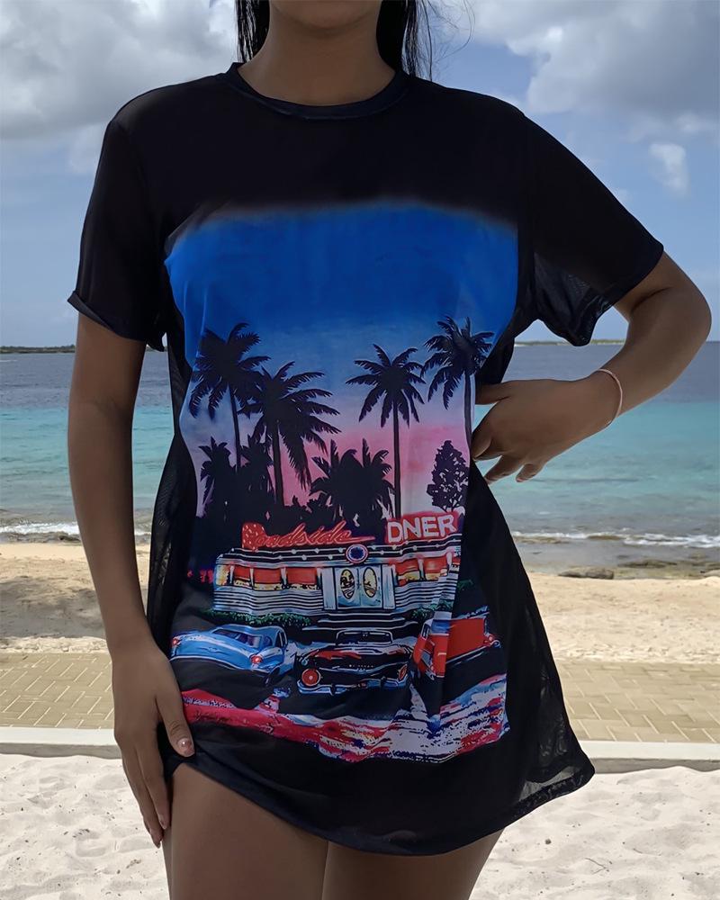 

Женский пляжный топ с коротким рукавом - Свободный крой, Защита от солнца, Принтованная накидка для бикини Large чёрный