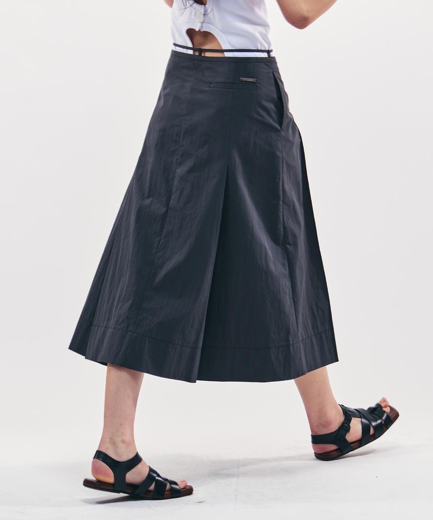 City Breeze Cotton Pleated Belted Long Skirt_Charcoal