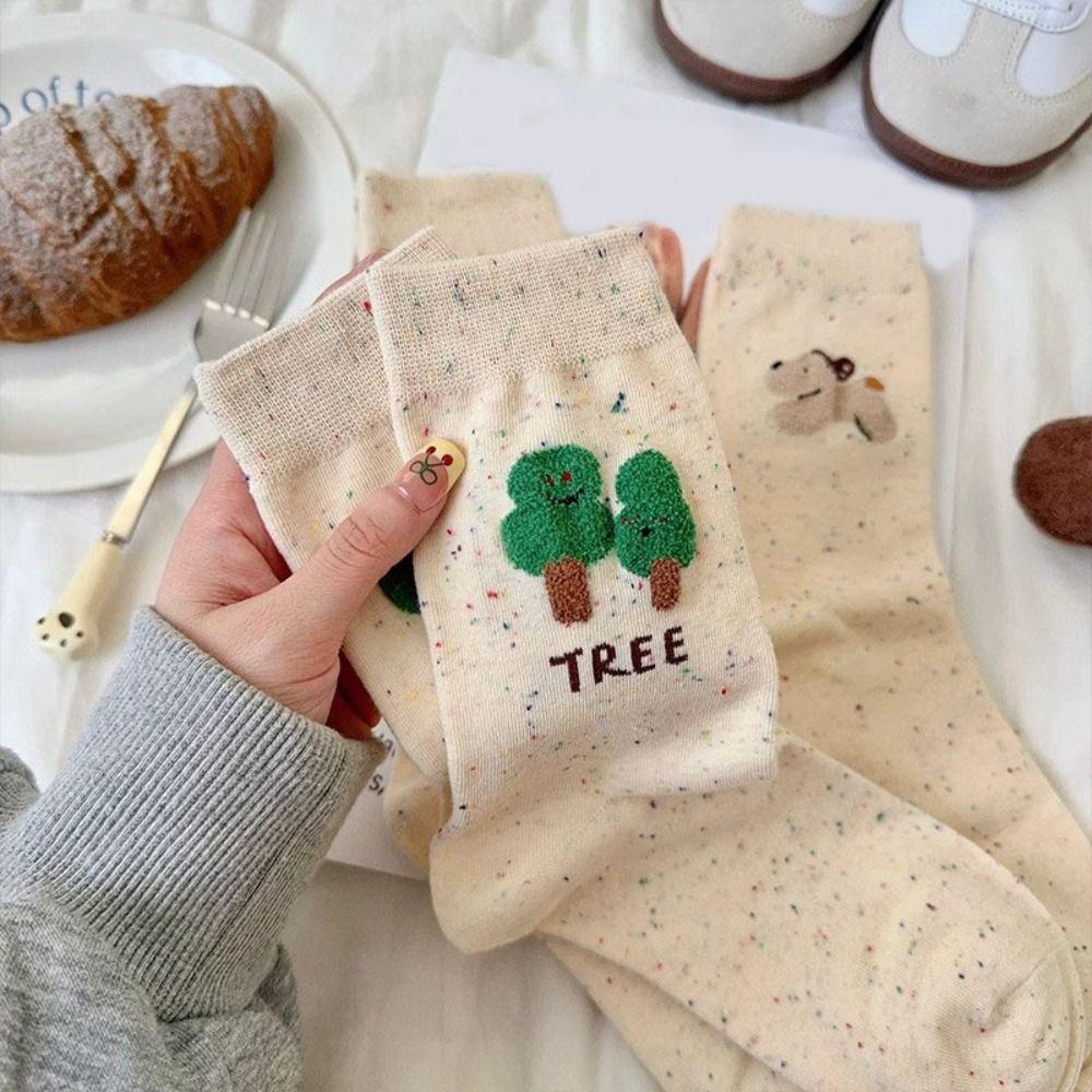 

5Pairs Embroidery Dots Socks Women Cat Sweet Bowknot Sock Sweat Absorbent Cartoon Tube Socks Girl Style A 5Pairs