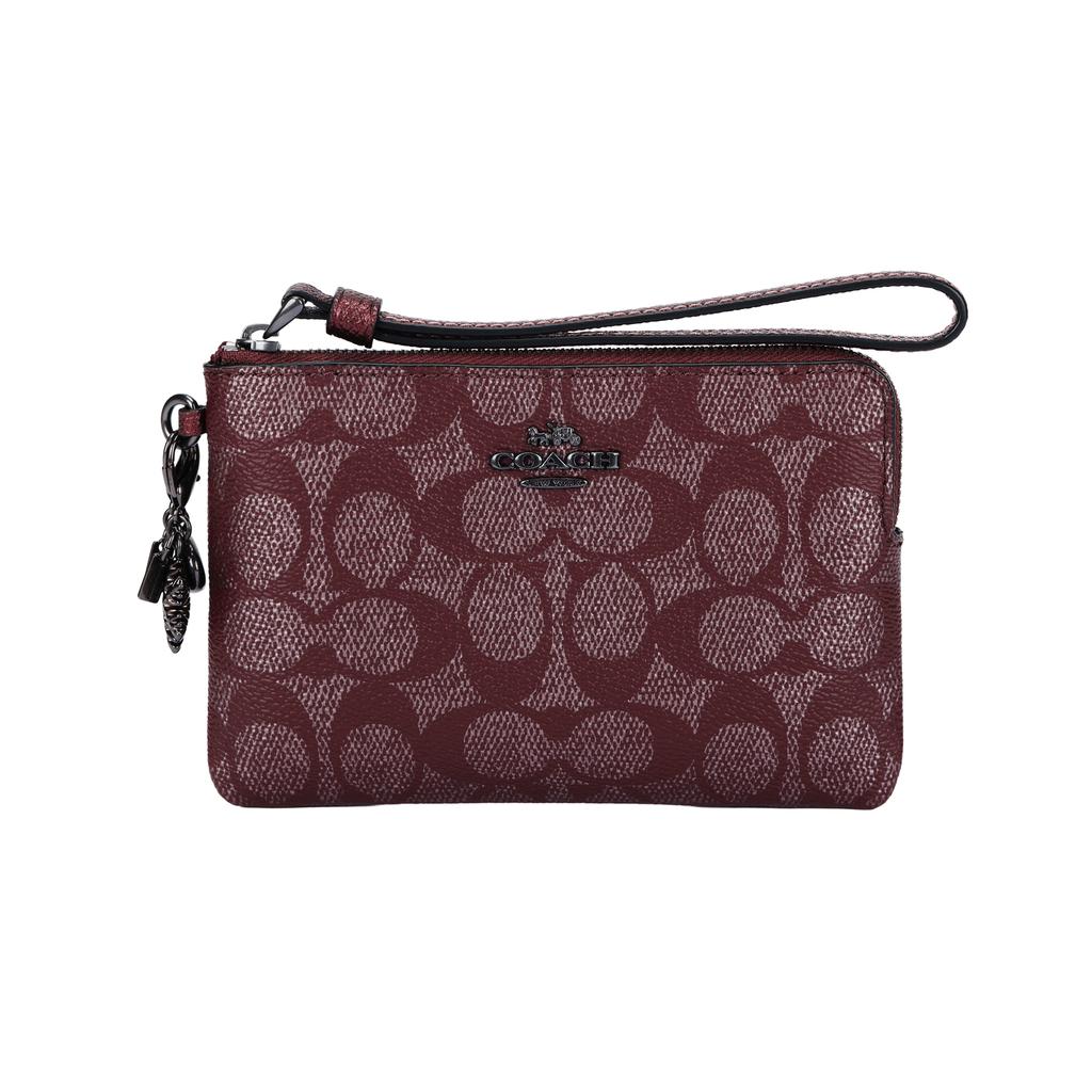 Coach Burgundy Signature Canvas Zip Wristlet with Snowflake Charm & Wrist Strap for Daily & Holiday Use