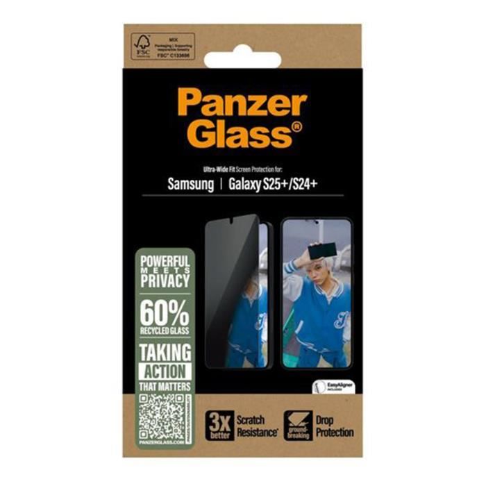 Protège-Écran pour Galaxy S25 Plus avec Filtre de Confidentialité Ultra-Wide Panzer Glass Noir transparent