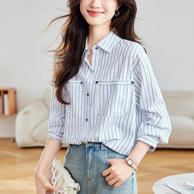 

Полосатая рубашка для женщин с длинным рукавом, весна-лето, новая, с двойным карманом, свободный топ для женщин, рубашка из чистого хлопка XXL