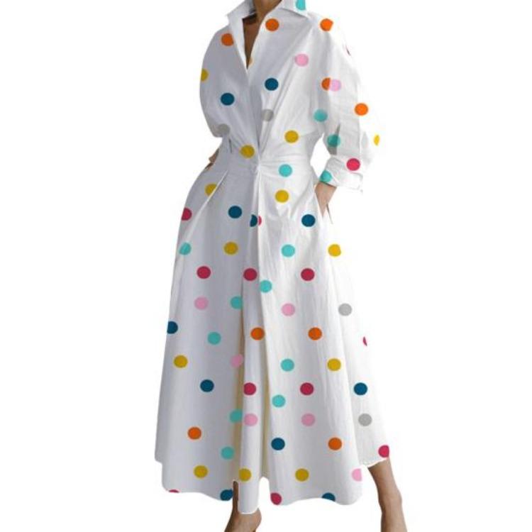 Boho Polka Dots Print Womens Wrap Shirt Dress Long Sleeve Maxi V Neck Swing Dress Lapel Collar Long Dress