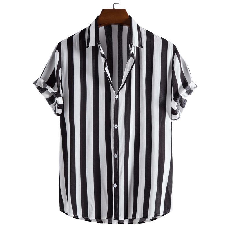 Camicia Casual da Uomo Estiva con Bottoni Stampa a Righe Verticali Blu e Bianche Manica Corta