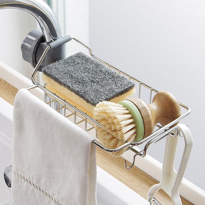 1pcs Stainless Steel Kitchen Sink Faucet Storage Racks Bathroom Adjustable Rag Sponge Draining Rack Shelves