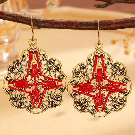 1 Paio di Orecchini Bohemia Stile Retrò Corda Rossa Intrecciata a Mano Intaglio Cavo Pizzo Forme a Sole Orecchini da Spiaggia Festival