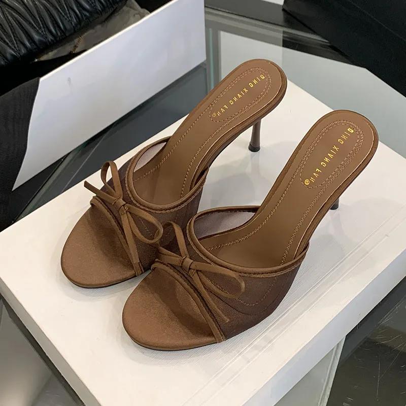 

Sexy High Heeled Slippers Women Fashion Mesh Bowknot Summer Slide Sandals Luxury Designer Brand Heels for Ladies Sandalias Mujer 35 коричневий