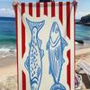 Nautical Fish Striped Beach Towel, Retro Coastal Fish Print, Quick Dry Soft Towel for Beach & Pool Absorbent Oversized Bath Tow