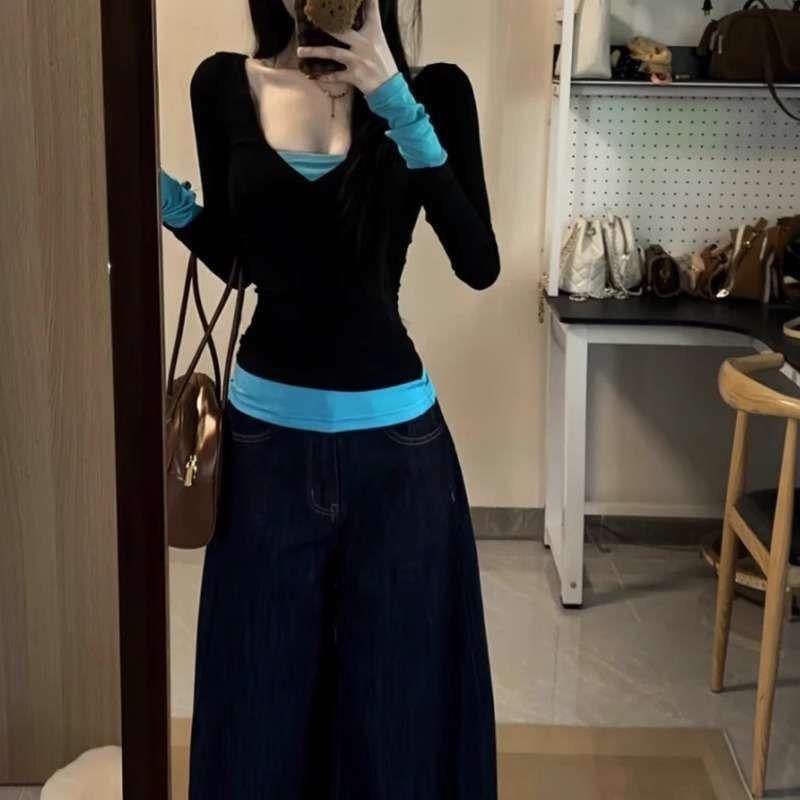 Women's Slimming V-Neck Color Block Fake Two-Piece Long Sleeve Modal Top - Spring/Summer