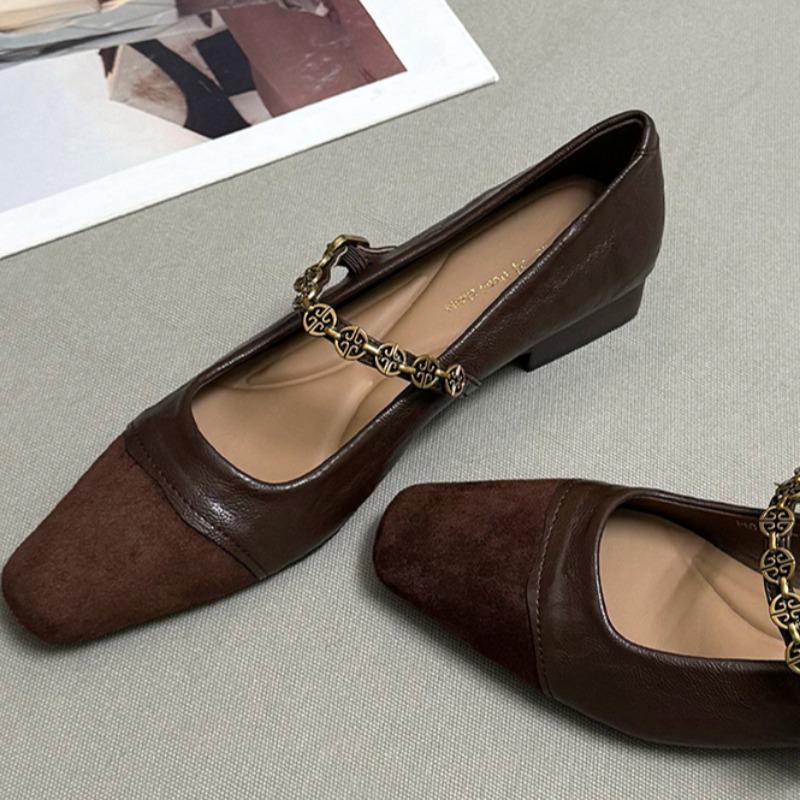 Women's Flat Shoes Spring New Square Head Shallow Mouth Suede Splicing Metal Chain Non-slip Single Shoes