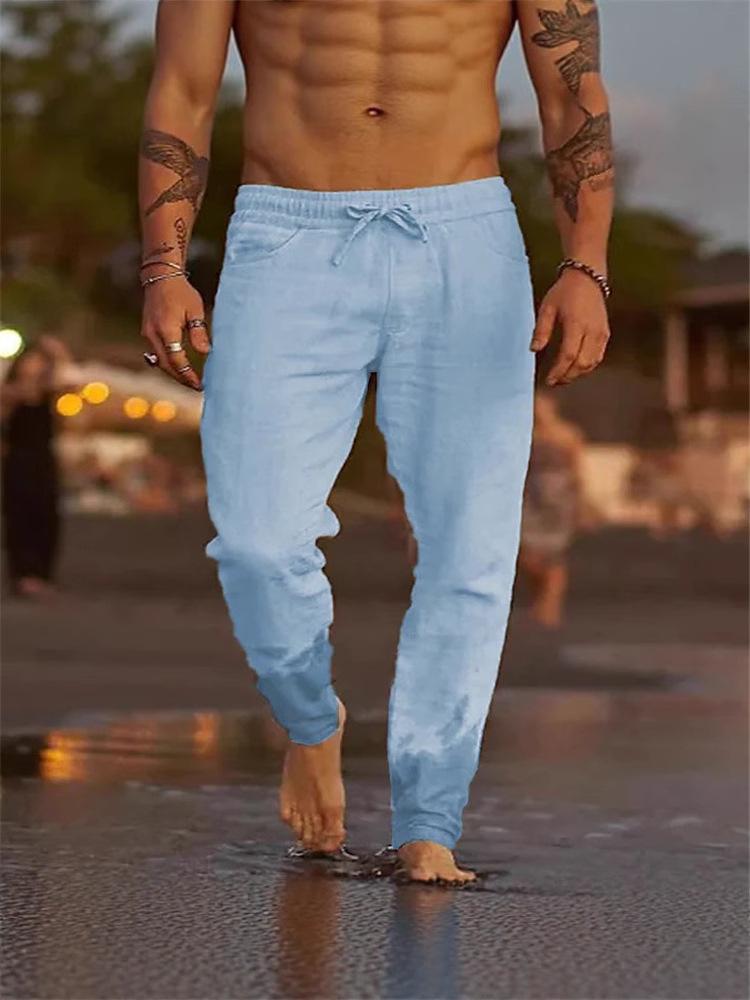Men's Solid Color Drawstring Cotton Linen Casual Beach Pants - 2025 European Style