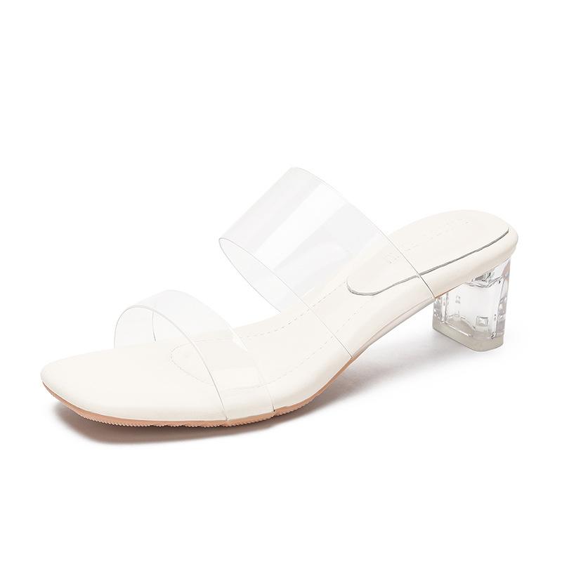 2025 new summer high-heeled slippers for women's summer outer wear new one-word with transparent sandals for women's thick-heeled sandals for women