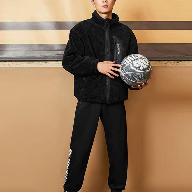 Li-Ning Badfive Basketball Series Warm Sherpa Fleece Loose Knit High Collar Plus Velvet Jacket Unisex Outerwear Black AFDR729-4
