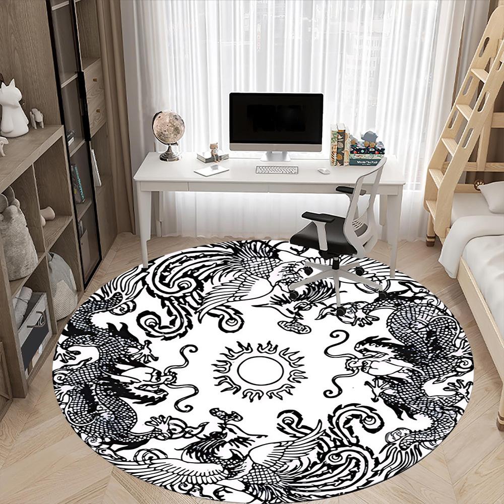 1pc Dragon Phoenix Circle Chair Carpet for Office, Round Non Slip Durable Large Size Office Carpet, Suitable for Office