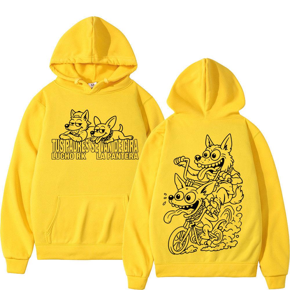 Comic-dog Men Hoodie Chest Funny Cartoon Puppy Print, Dog Riding Bike Line Art Back Graphic, Cozy Fleece Pullover Sweatshirt for Weekend Casual Wear