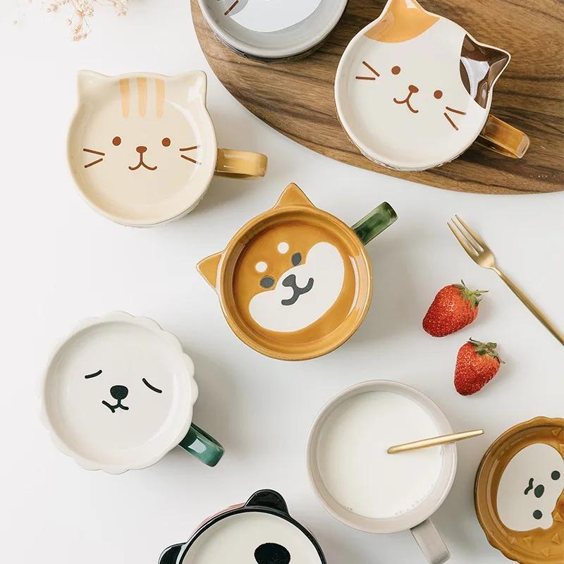 Mug à café chat de dessin animé japonais avec couvercle à motif chat animal petite assiette tasse de petit-déjeuner mignonne tasse à café créative tasse à lait cadeau