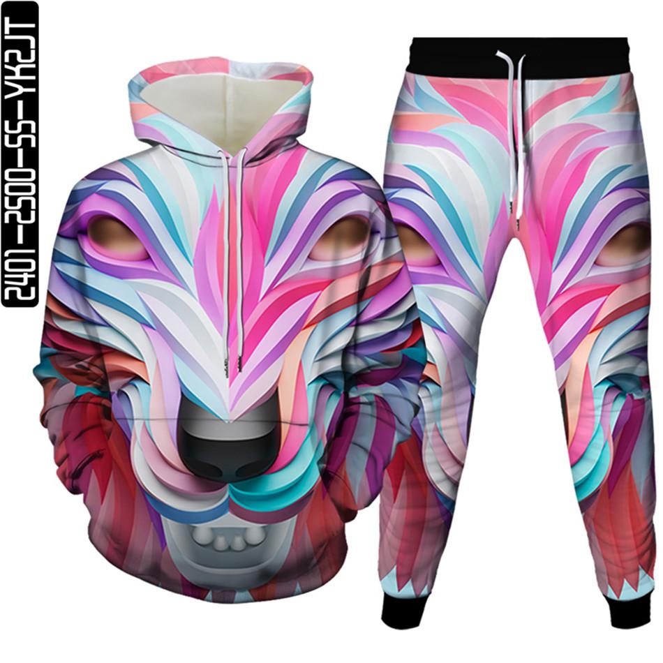 

Мужской осенний стиль Harajuku, костюм с изображением льва, толстовки с 3D принтом + брюки, комплекты из 2 предметов, женский повседневный спортивный костюм, большие размеры S-6XL L