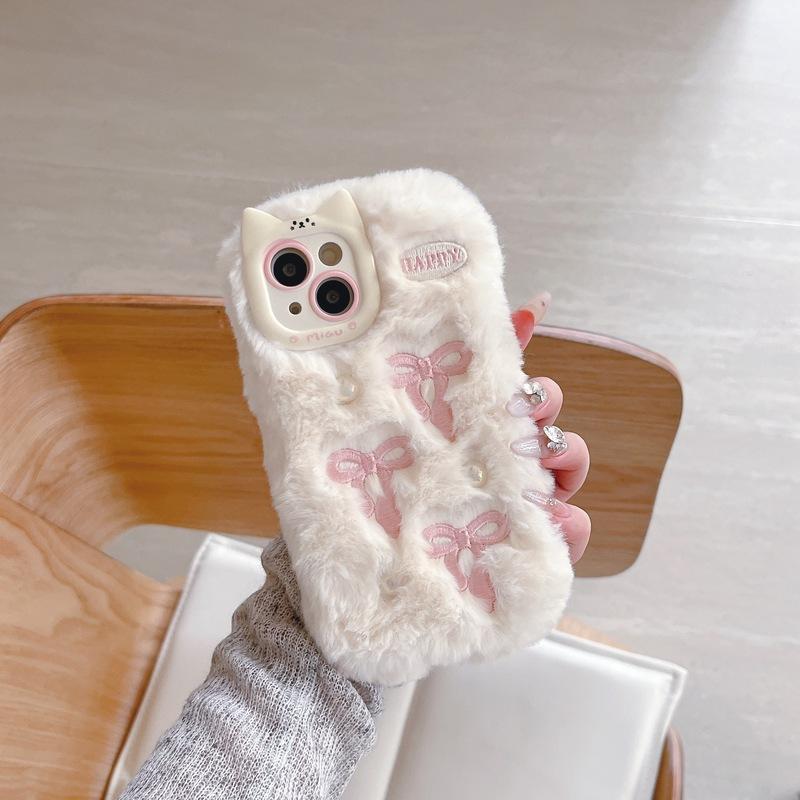 Soft Fluffy Plush bowknot Star Cat Ears 3D Pearl Phone Case For iPhone 17 Air 14 15 16 Plus 13 Pro Max 11 12 Warm Winter  Cover  Embroidery