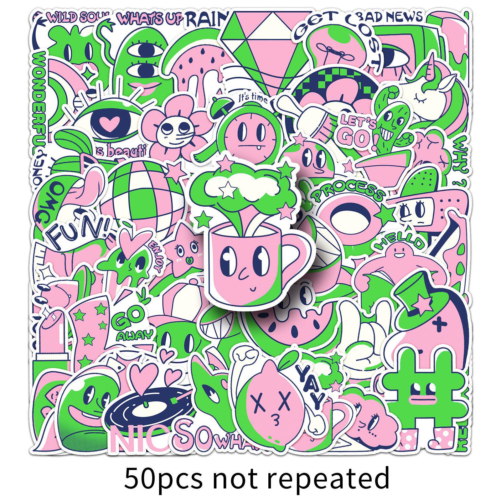 50 Original Pink & Green Hand-Painted Graffiti Stickers - Waterproof, Trendy Decoration for Journals (50 Sheets)