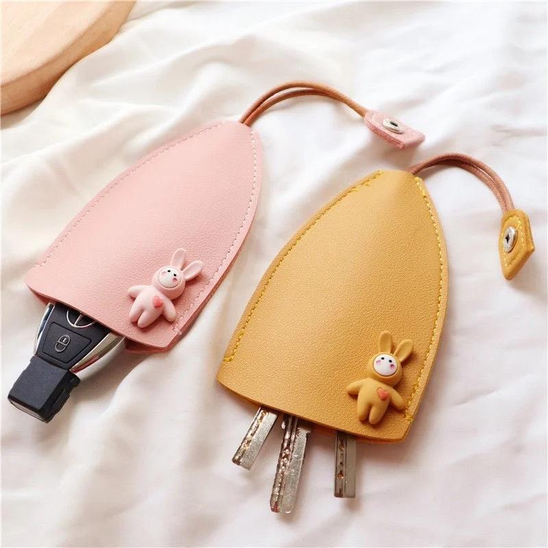 New Lovely Rabbit Car Key Holder Case Women Girls Pull Type Key Bag PU Leather Key Wallets Housekeepers Keychain Pouch Organizer