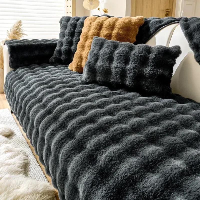 Super Soft Rabbit Plush Sofa Mat Anti-slip Thicken Couch Cushion for Living Room Winter Warm L Shaped Universal Sofa Slipcovers