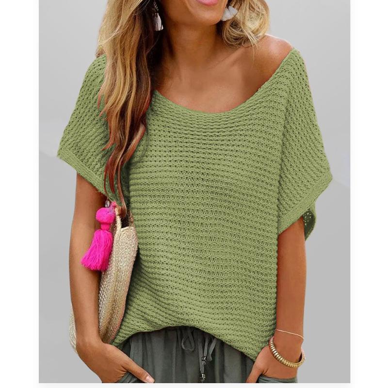 Fashion Casual Crew Neck Solid Color Knitted Sweater Loose Short Sleeve Women's Top
