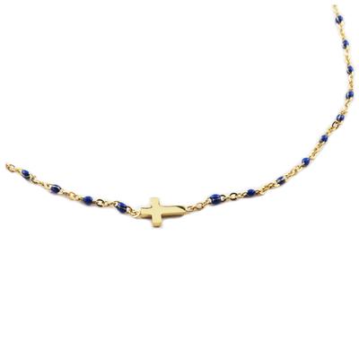 [R0226] - Golden Blue 'Cross' Steel Designer Necklace - 10x5 Mm