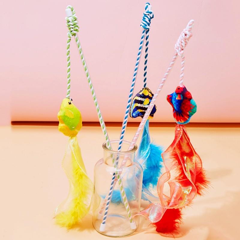 Cat Toy Feather Cats Stick Fish Tassel Cat Toys Interactive Cotton Rope Toy Feather Sticks Toys for Cats Scratching Pet Supplies