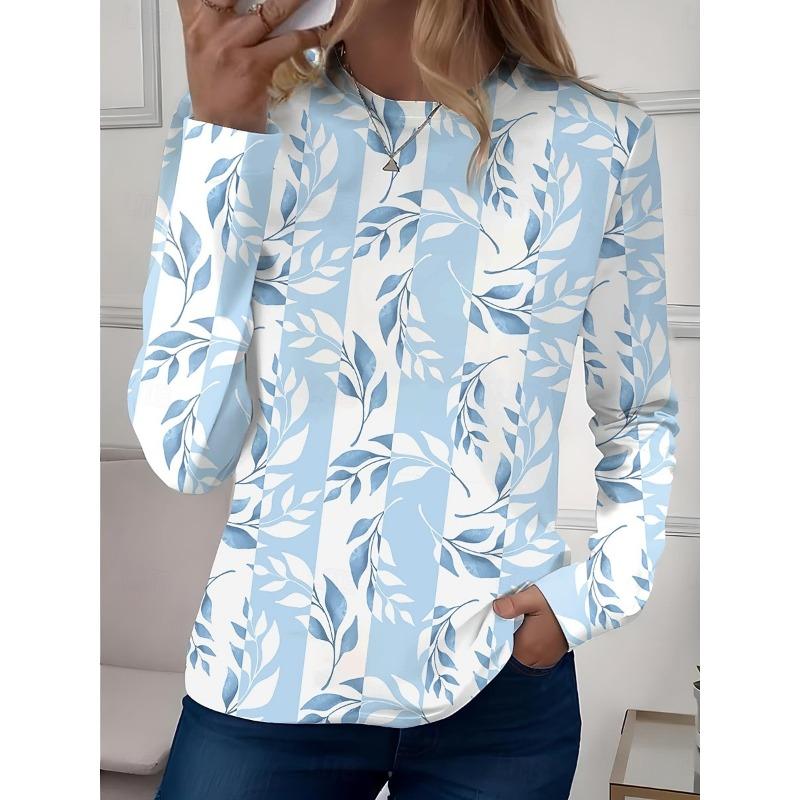 Women's Casual T-shirt 3D Printed  Flower Print Round Neck Retro Elegant Long Sleeves Women's Fashion Pullover Long Sleeve Tops