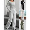 Women Solid High Collar Knit Long Sleeve Loose Casual Trousers Two Piece Set