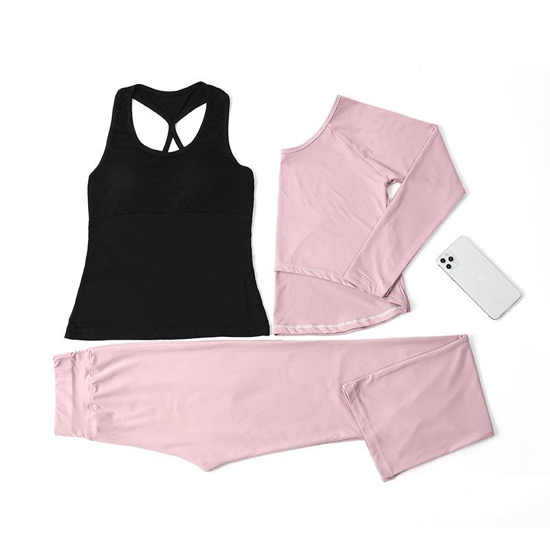 Women's Korean-Style Slimming Yoga Set with Chest Pads - Nude-Feel Double-Sided Brushed Medium-Long Sleeves