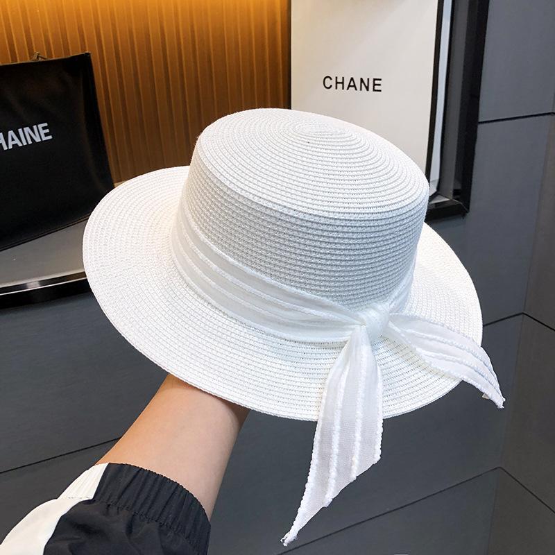 Women's Summer Straw Hat with Ribbon, Wide Brim Sun Protection Beach Cap, Elegant Flat Top Fisherman Hat for Outdoor Use