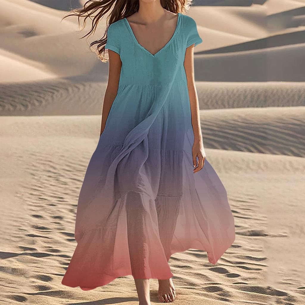 Women's Summer V-Neck Beach Long Short Sleeve Patchwork Gradient Dresses