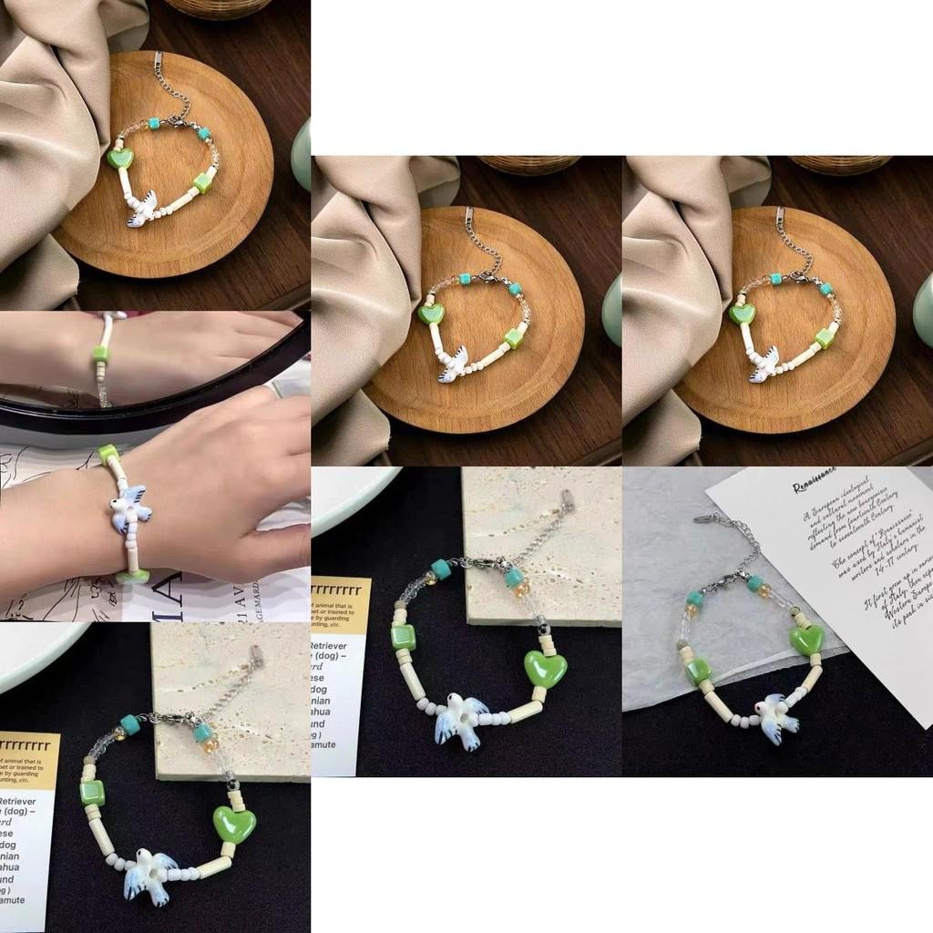 Retro Women's Beaded Bracelet With Ceramic Hearts And Lucky Swallow Summer Fashion