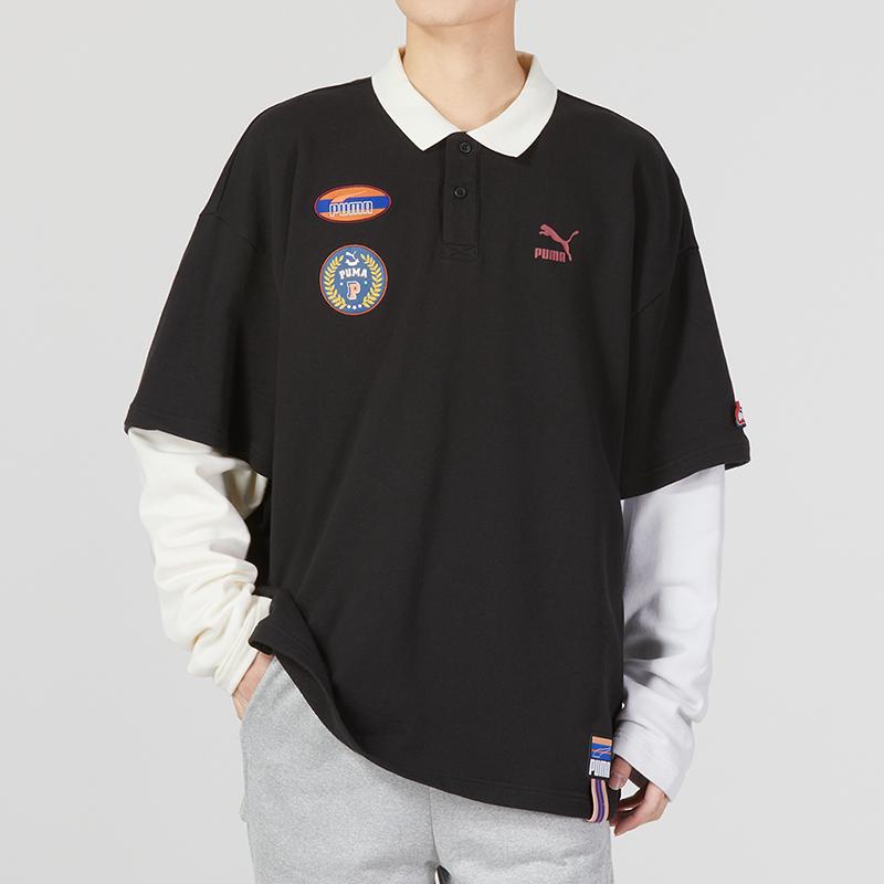 Puma Team Badge Polo Long Sleeve Logo Print Mock Layered Polo Shirt Men Tops Black 677381-01