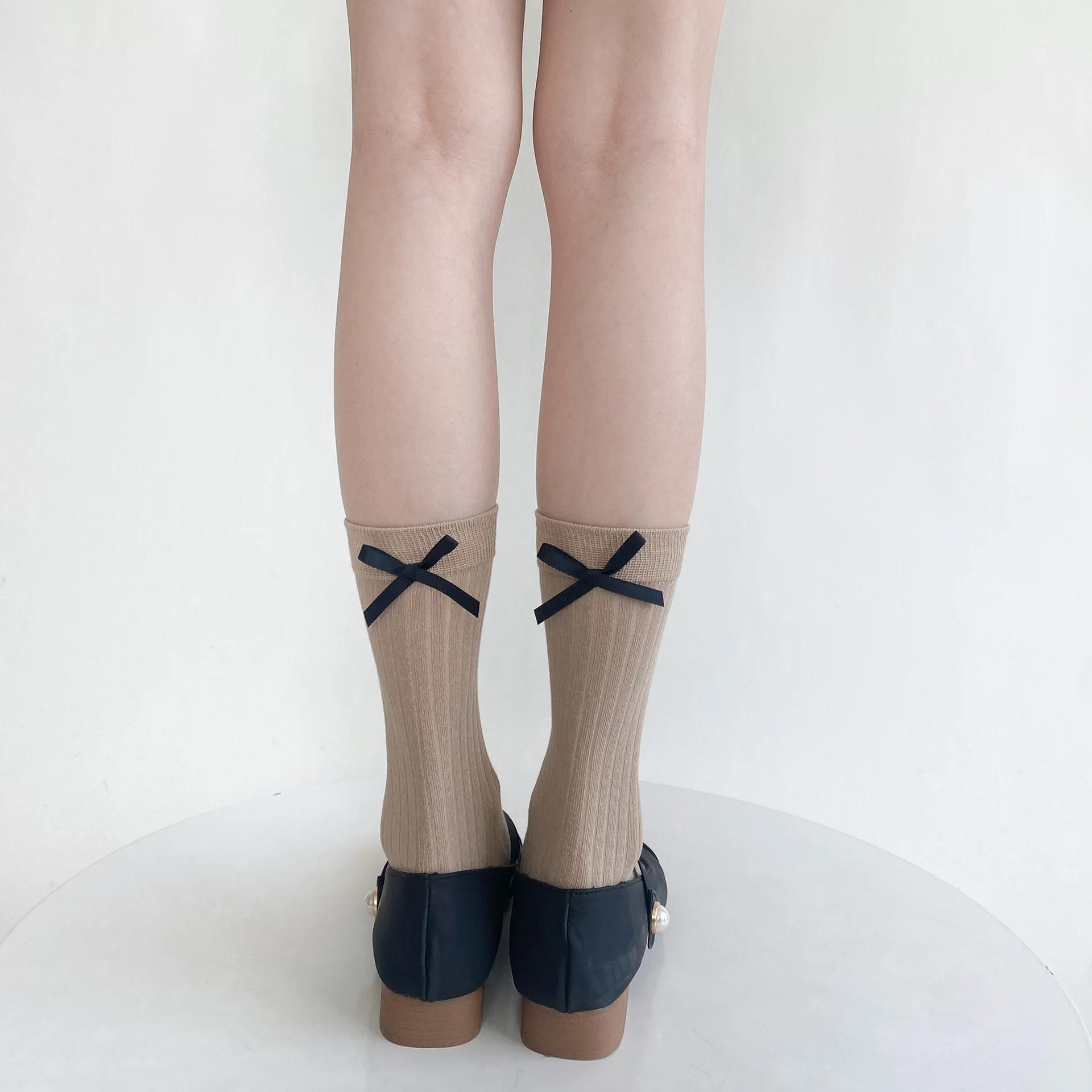 

Черные, белые, серые носки женские повседневные однотонные хлопковые тонкие дышащие носки средней длины с милым бантом для девочек в стиле Лолиты, длинные носки Kawaii EUR 35-39