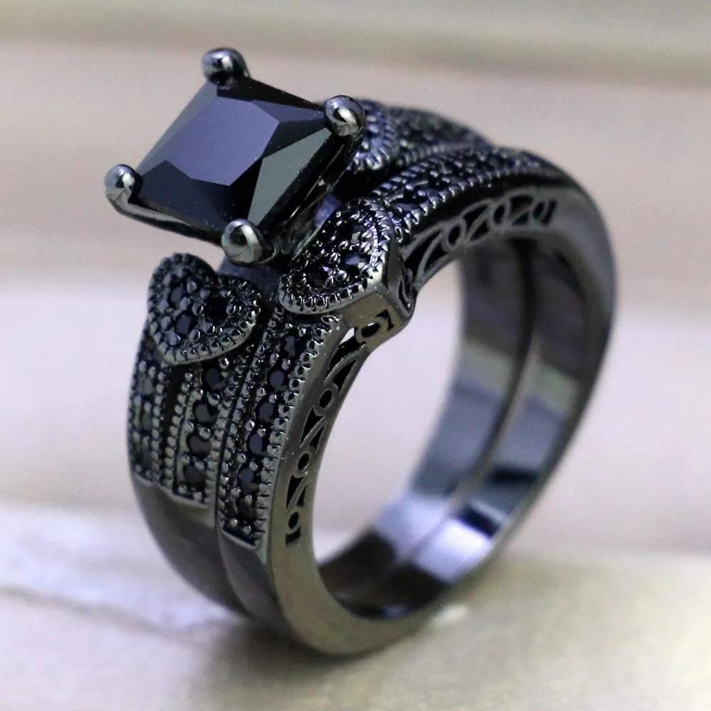 Charm Couple Rings Romantic Black Rhinestones Female Rings Set Trendy Men Stainless Steel Ring Fashion Jewelry For Lover Gifts