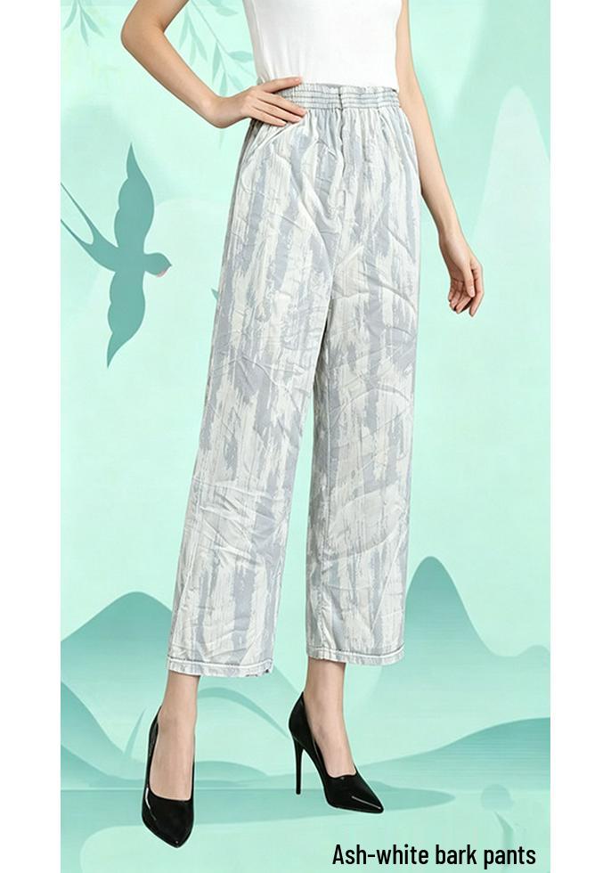 Plus Size Breathable Floral Nine-Point Pants for Mid-Aged and Elderly Women - Summer Ice Silk, Loose Straight Leg Design