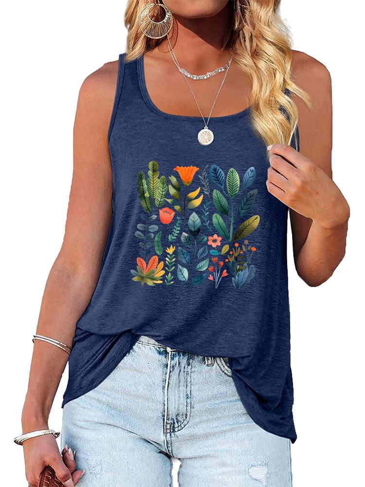 Women Fashion Printed Tank Top Summer Casual Round Neck Sleeveless Shirt