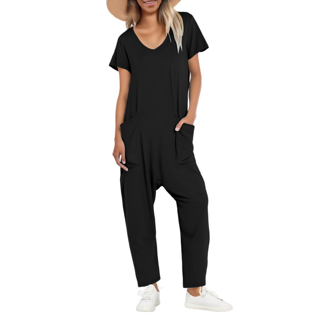 Women's Casual Short Sleeve High Waist Pockets V Neck Loose Jumpsuits Long Pants Wide Rompers