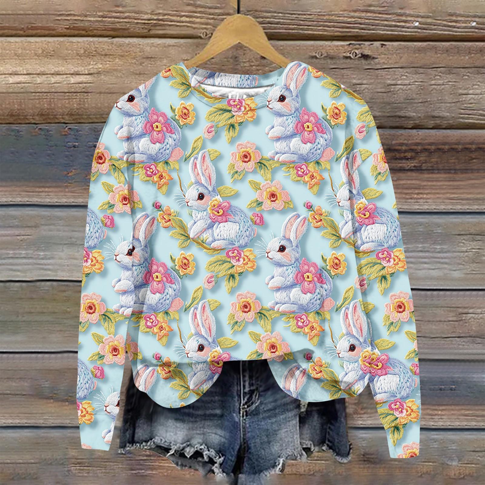 

Женская мода Пасха Печатный Длинный рукав Свободный круглый вырез Толстовка Топ XXXL